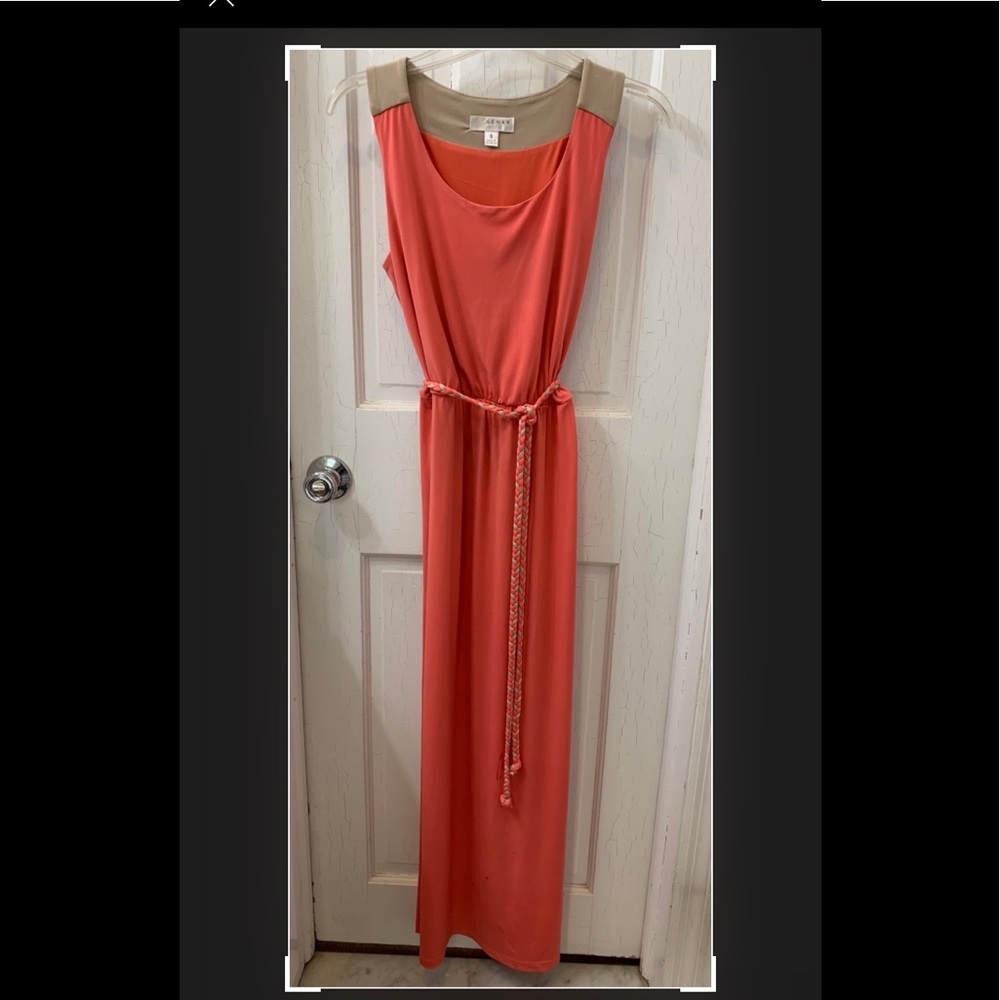 Kenar Coral & Tan Belted Maxi Dress Women’s Size 6